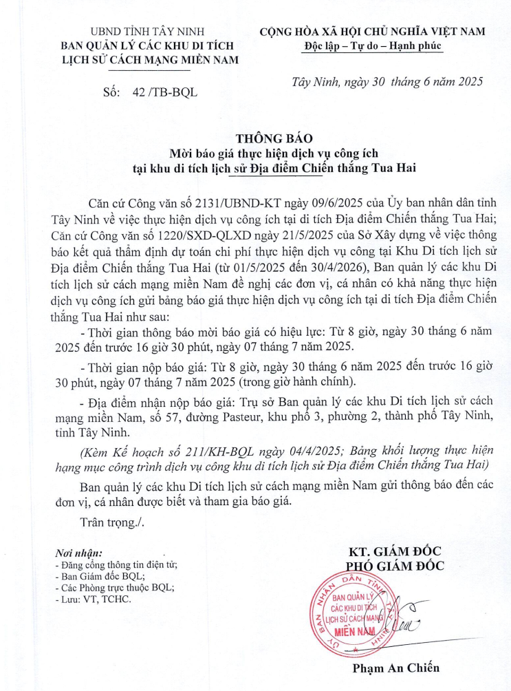 MỜI BÁO GIÁ THỰC HIỆN DỊCH VỤ CÔNG ÍCH TẠI ĐỊA ĐIỂM CHIẾN THẮNG TUA HAI