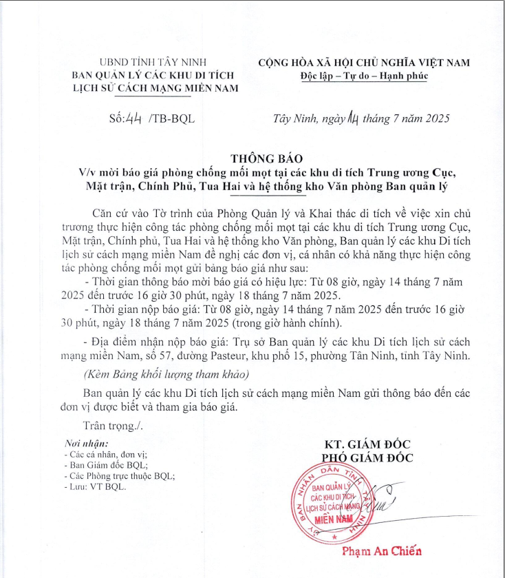 Thông báo chào giá phòng chống mối mọt BQL